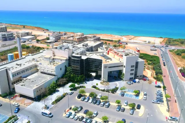 Aerial view of Laniado Hospital in Netanya by the Mediterranean Sea
